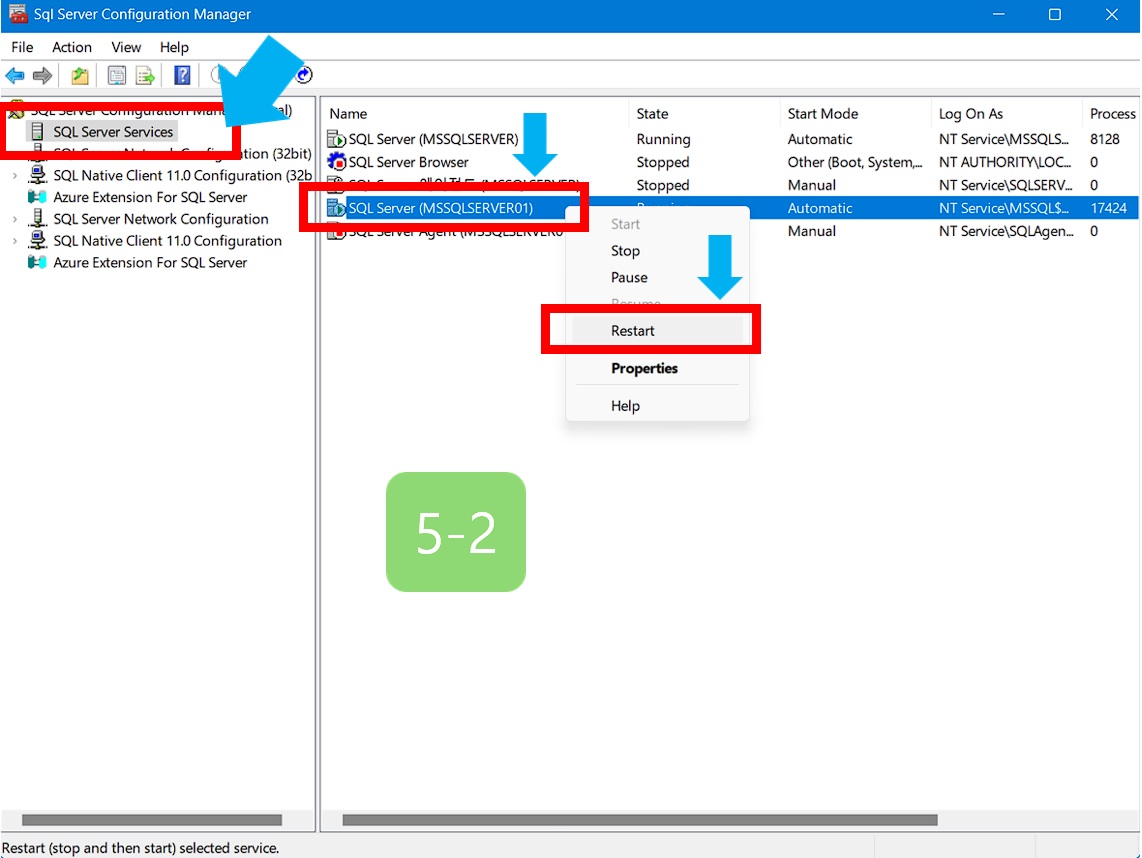 Restart to restart SQL Server.