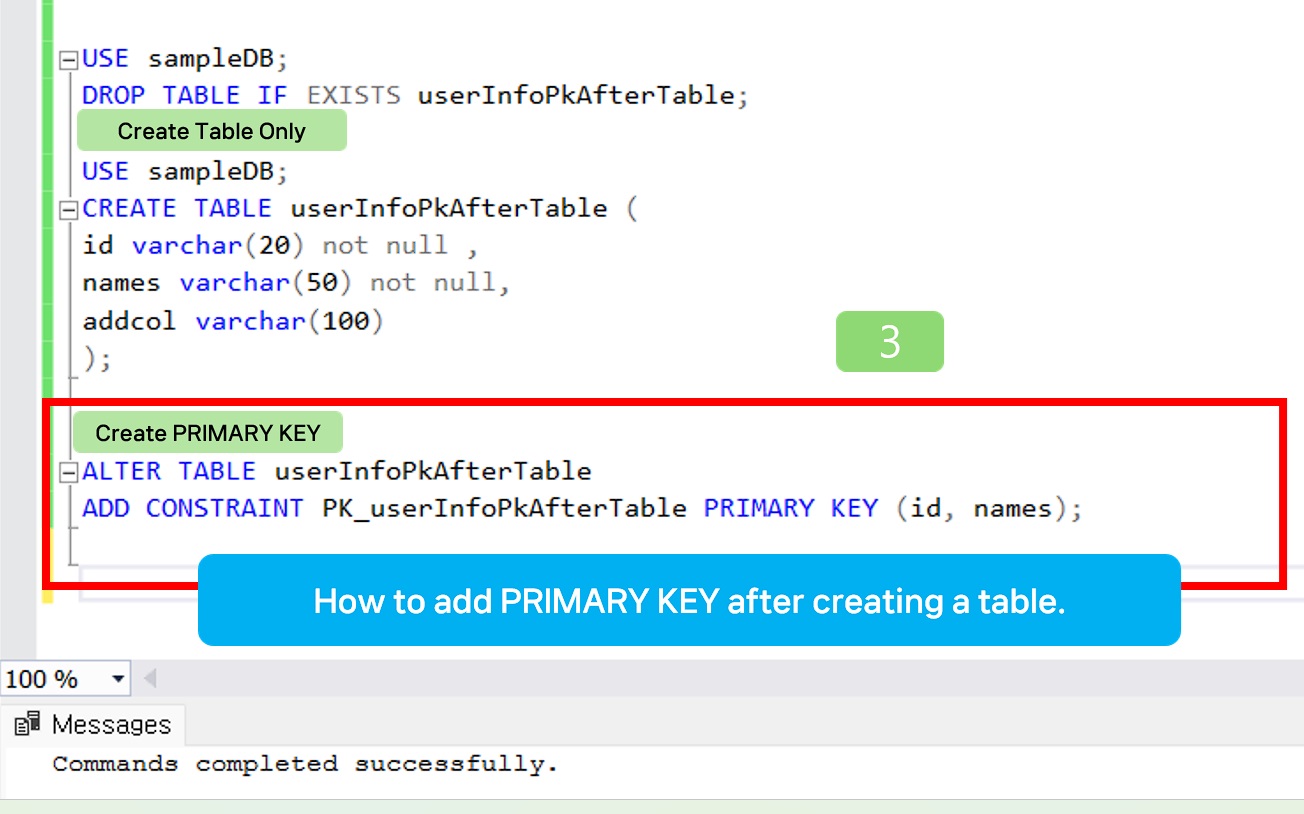 How to add PRIMARY KEY after creating a table.