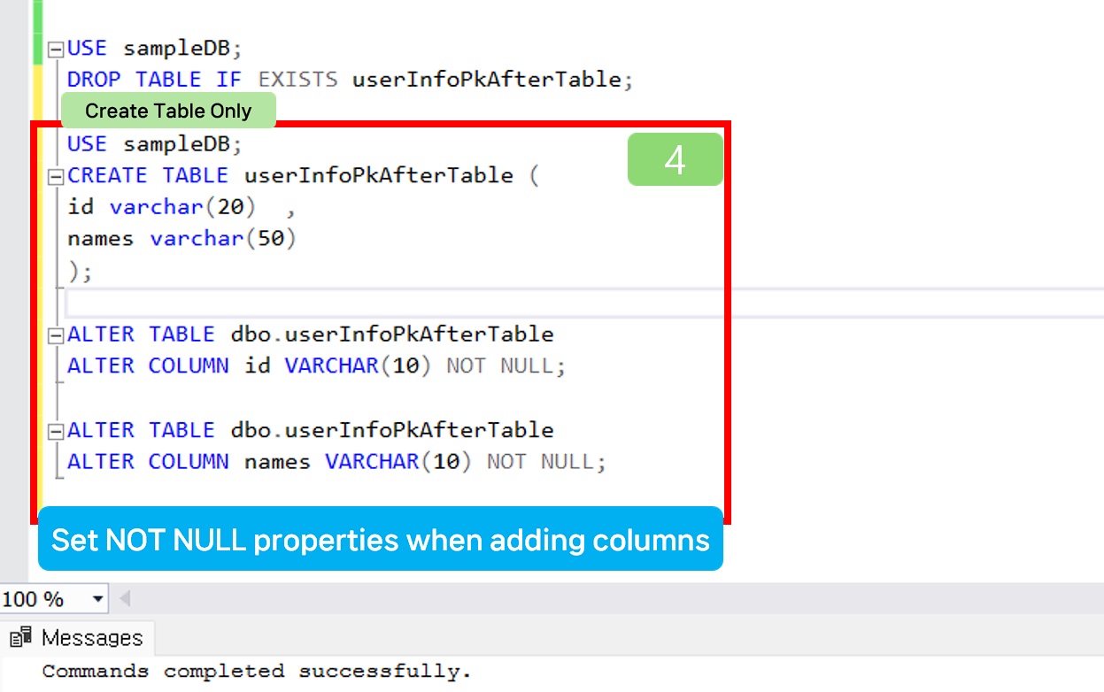 Set NOT NULL properties when adding columns.