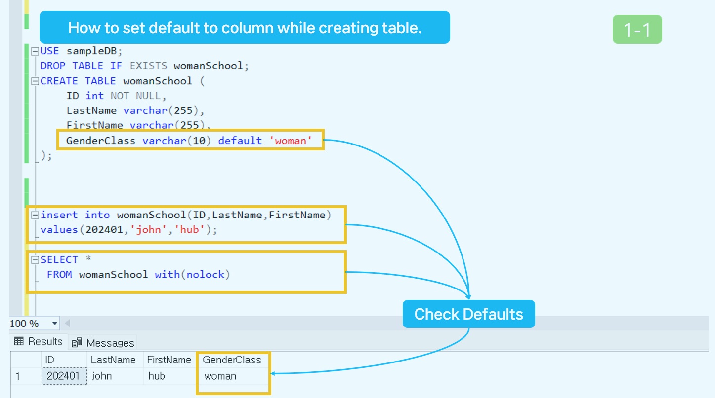 How to set default to column while creating a table.