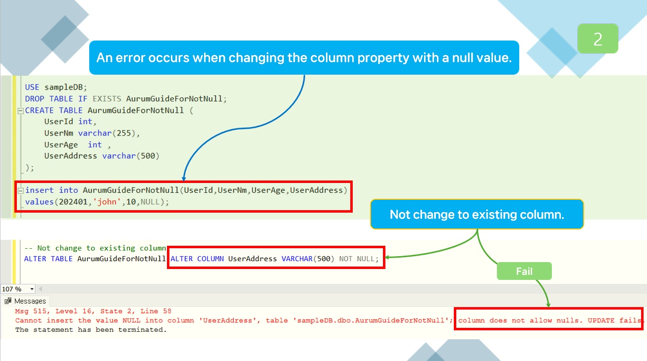 An error occurs when changing the column property with a null value.