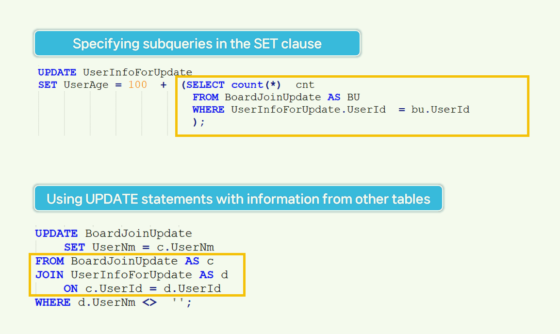 How to use subqueries and join clauses in the SET clause.