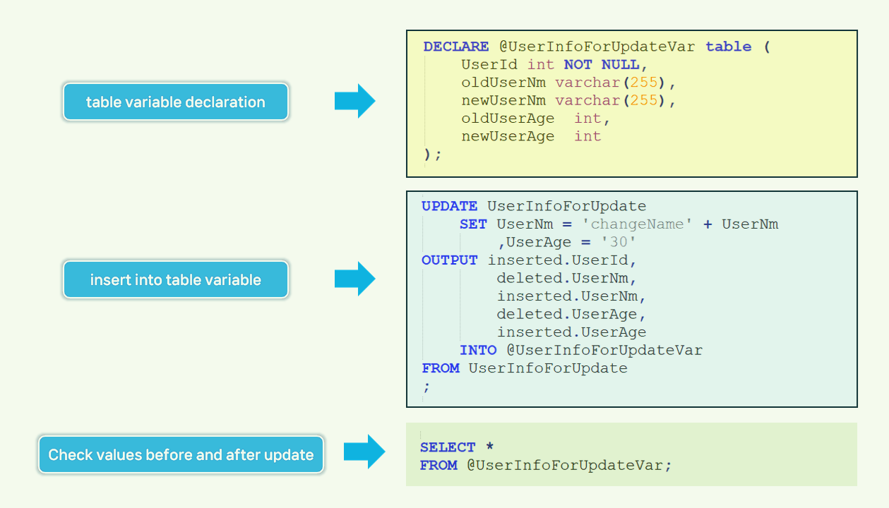 How to use the UPDATE DML statement using OUTPUT.