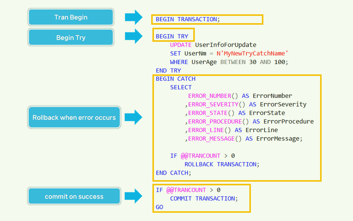 How to use UPDATE for TRY… CATCH blocks.